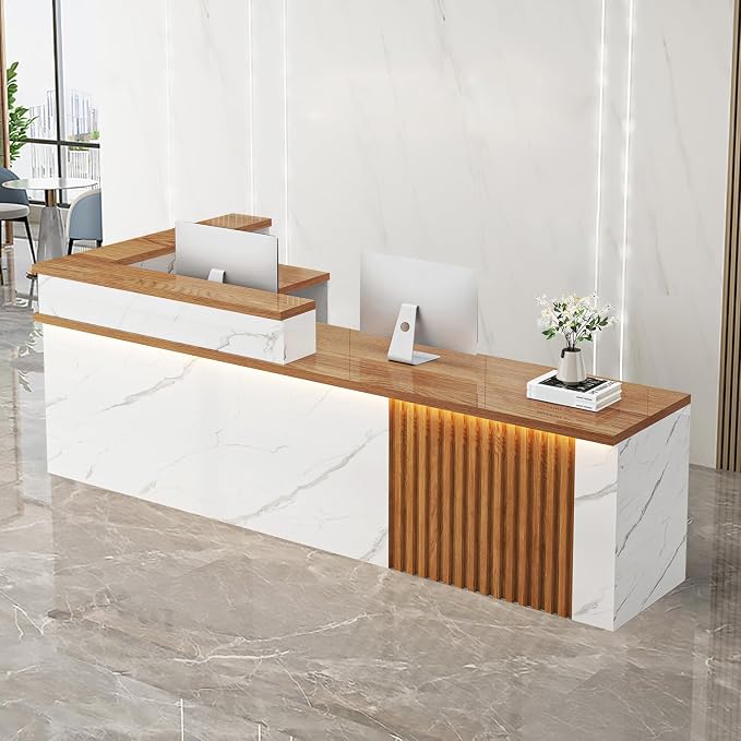 Receptionist Desk with LED Light，Wooden Salon Checkout Counter with Storage by Unknown