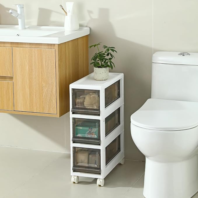 Plastic 3 Drawer Storage Organizer, Narrow Plastic Storage Drawers by SunamonOfficial