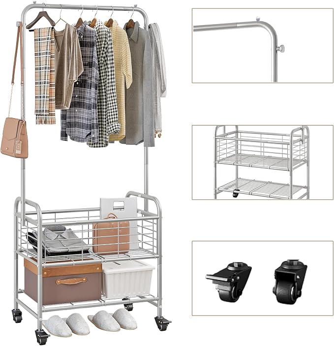 SUOERNUO Laundry Cart with Hanging Rack Rolling Laundry Hamper Sorter with - Image 6