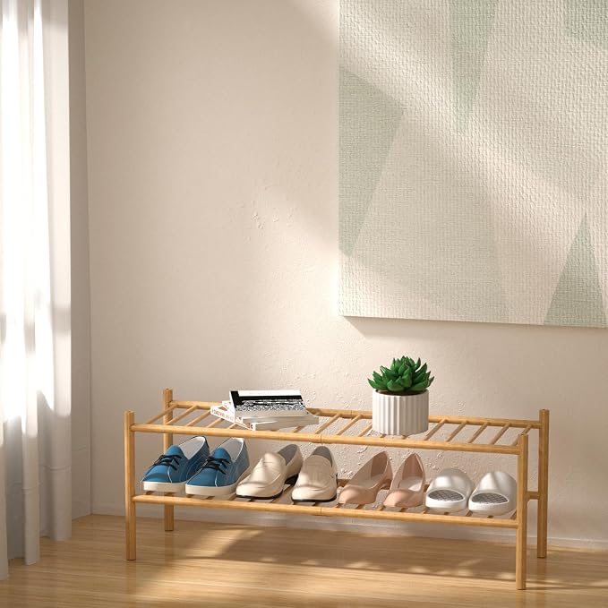 2-Tier Bamboo Long Shoe Rack, Free Standing Wood Shoe Shelf Storage Organizer - Image 2