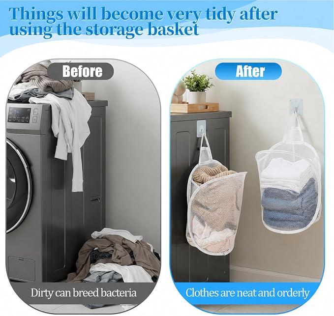 2 Pack Foldable Mesh Hanging Laundry Hamper, Space-Saving Wall Mounted Dirty - Image 5