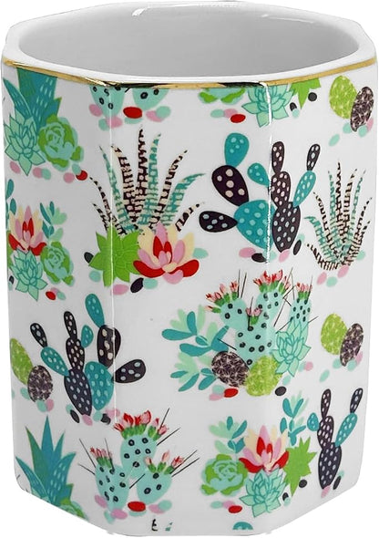 Pen Holder, Makeup Brush Holder Ceramic Shiny Gold Tropical Cactus Floral - Image 7