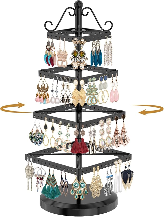 MODOWEY Rotating Earring Holder Organizer Stand, 4 Tier Adjustable Metal by MODOWEY