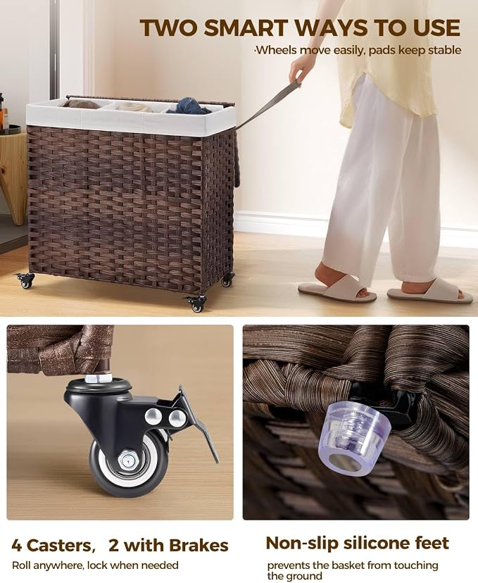 GREENSTELL Laundry Hamper with Wheels&Lid, 130L Large 3 Sections Clothes Hamper - Image 3