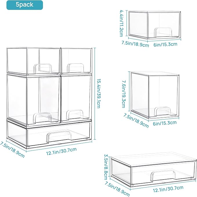 Vtopmart Stackable Storage Drawers Set of 5, Beauty Supplies Storage, Pantry - Image 3