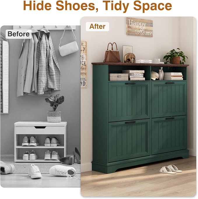 Shoe Storage Cabinet with 4 Flip Drawers, Narrow Slim Shoe Organizer - Image 3