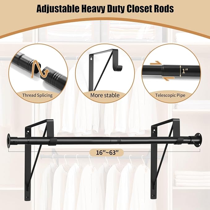 Closet Rod, 16 to 63 Inch Closet Rods Heavy Duty Adjustable Wardrobe Poles - Image 5
