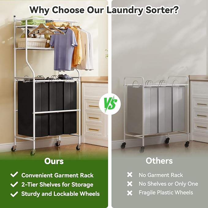 Laundry Sorter with Hanging Clothes Rack, Rolling Laundry Cart with Wheels & - Image 8