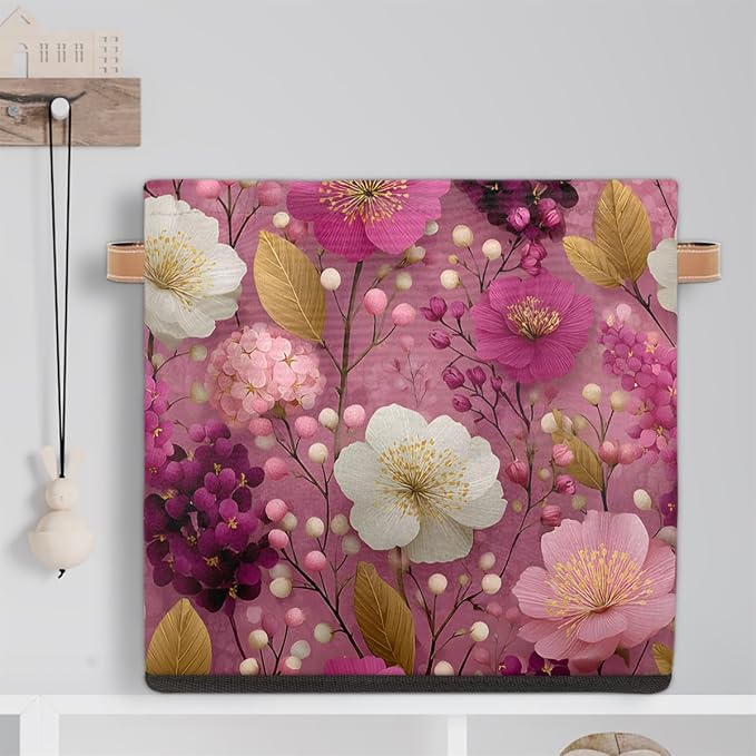 TropicalLife 13x13x13 Inch Large Fabric Storage Cube Pink Floral Print Foldable - Image 6