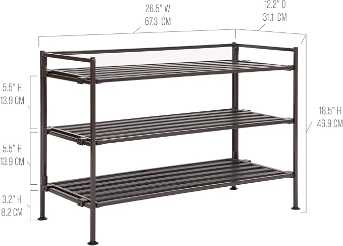3-Tier Stackable 1" Slat Steel Frame Shoe Rack, 27.25"W x 12.75"D, Espresso | - Image 3