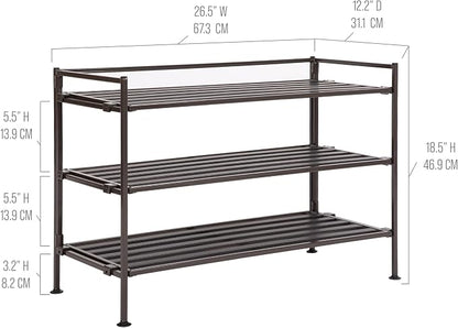 3-Tier Stackable 1" Slat Steel Frame Shoe Rack, 27.25"W x 12.75"D, Espresso | - Image 3