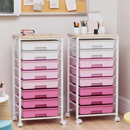 Rolling Cart with 8 Drawers, Storage Drawers Cart with Wooden Tabletop and - Image 4