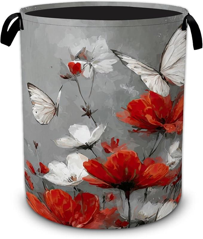 Red Flower Butterfly Laundry Basket, Foldable Oxford Cloth Funny Tote Bag by Unknown