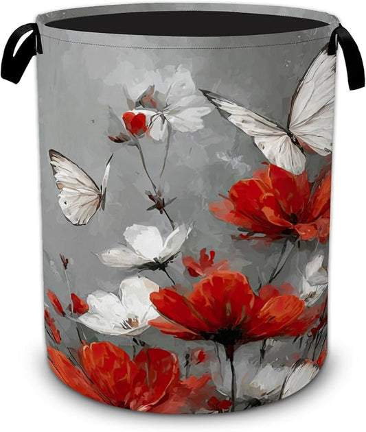 Red Flower Butterfly Laundry Basket, Foldable Oxford Cloth Funny Tote Bag by Unknown