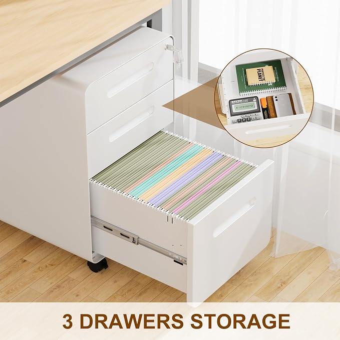 3 Drawer File Cabinet with Lock and 4 Keys, Mobile Metal Filing Cabinet - Image 8