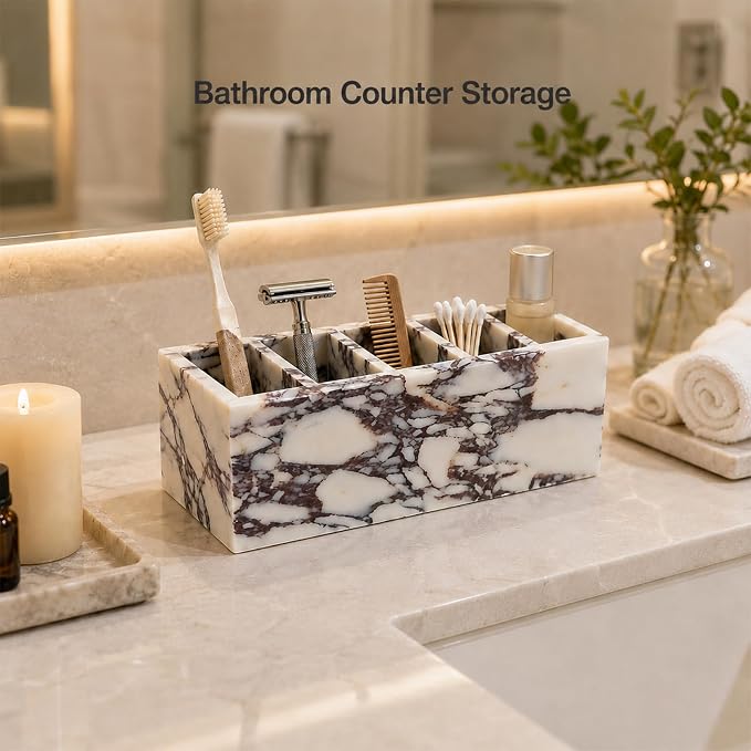 5-Compartment Marble Desk Organizer, 9.84 in | Natural marble 5-section - Image 8