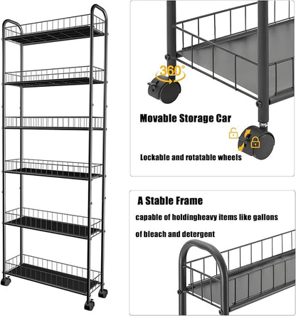 Slim Storage Cart with Wheels, 6-Tier 6in Black Narrow Rolling Shelf, Sturdy - Image 7