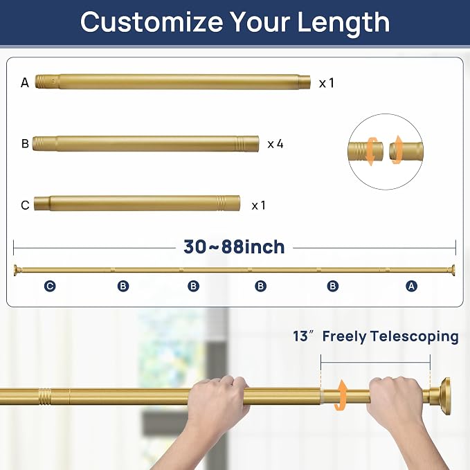 ENJOYBASICS 1" Gold Shower Curtain Rod, 30-88" Adjustable, Secure Tension | - Image 2