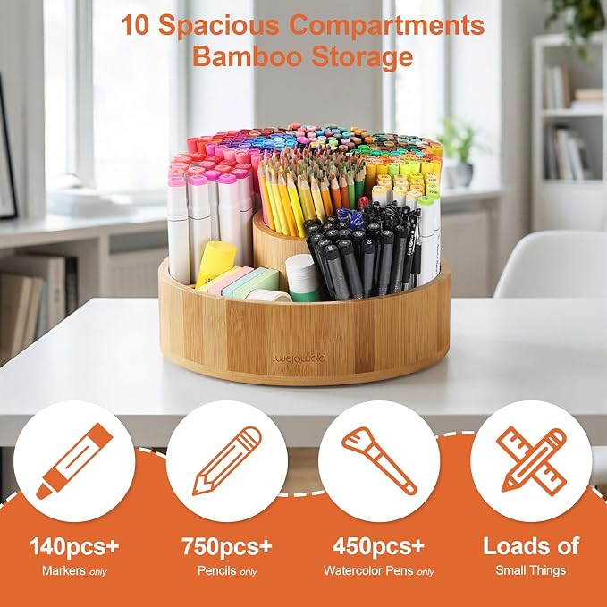 Marker Organizer Rotating Bamboo Desk Organizer, Silent 360° Rotation Caddy - Image 7