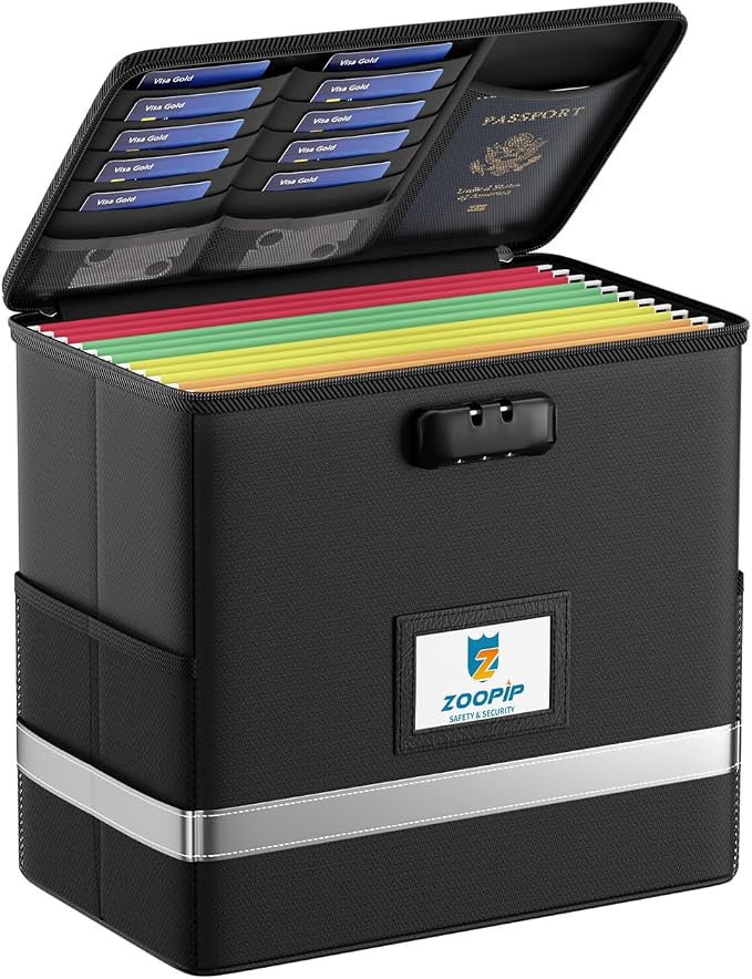 Fireproof File Box with Lock, Collapsible Document Organizer, Reflective Strip by ZOOPIP