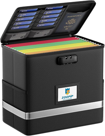 Fireproof File Box with Lock, Collapsible Document Organizer, Reflective Strip by ZOOPIP