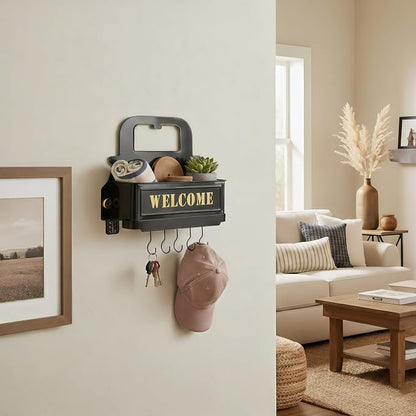 Truck Farmhouse Key Rack & Rustic Metal Wall Planter, Wall Mounted Flower Pot - Image 6