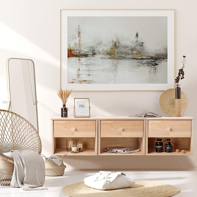 VINGLI Unfinished Natural Solid Wood Floating Nightstand - Image 2