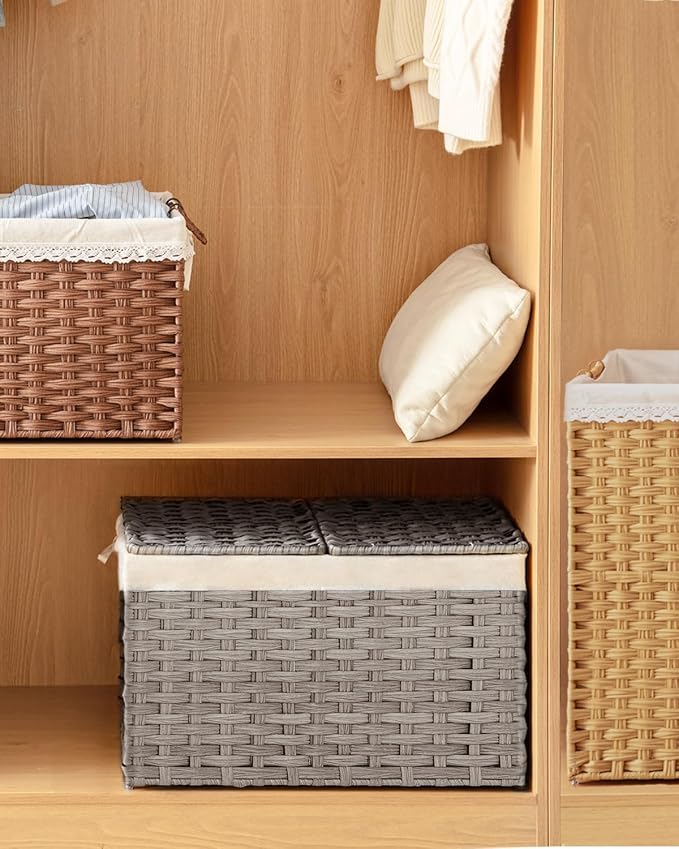 SETVSON Storage Basket with Lid PE Rattan 27.8 Gal Wicker Chest, 2 Removable - Image 7