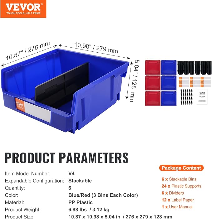 VEVOR Plastic Stackable Storage Bins 6 Pack, Hanging Storage Organizer Bins - Image 7