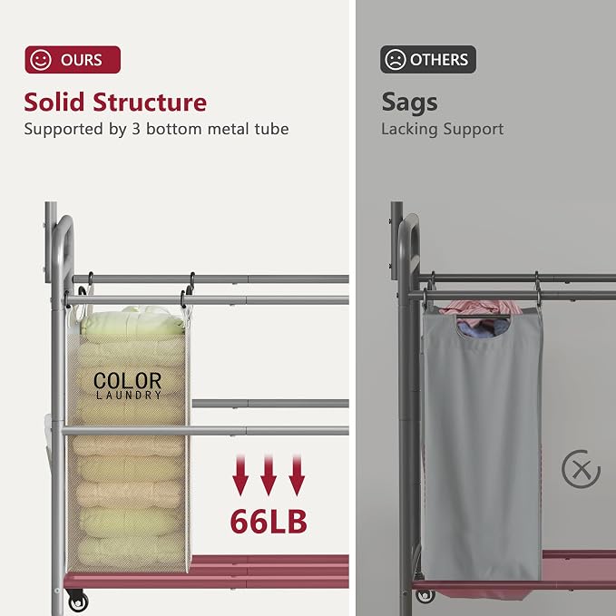 Tajsoon Laundry Hamper with Hanging Rack, 3 Section Laundry Sorter with Heavy - Image 5