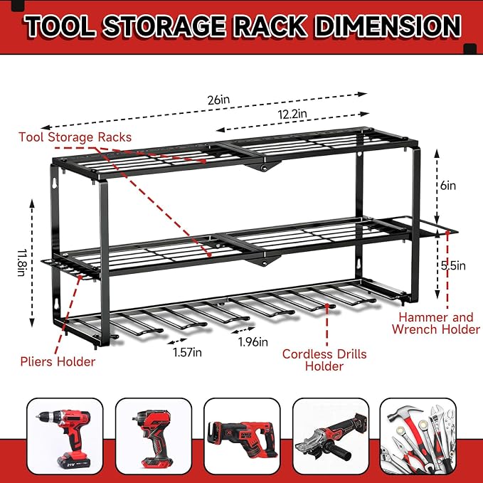 Power Tool Organizer Wall Mount, 150Lbs 3 Layer Metal Tool Storage Rack - Image 3