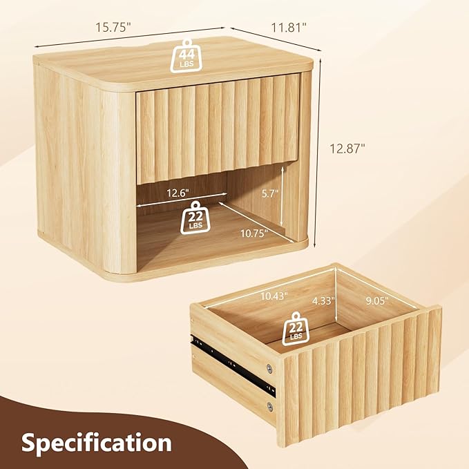 VINGLI Floating Nightstand Set of 2, Fluted Nightstands Rounded Edge, Oak - Image 2