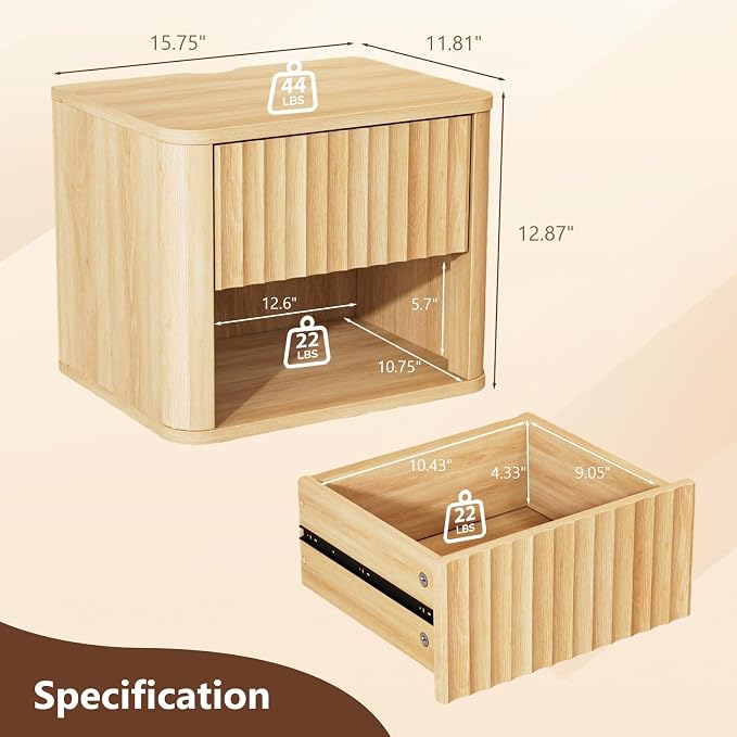 VINGLI Floating Nightstand, Fluted Night Stand Rounded Edge, 1 Drawer Bed Side - Image 2