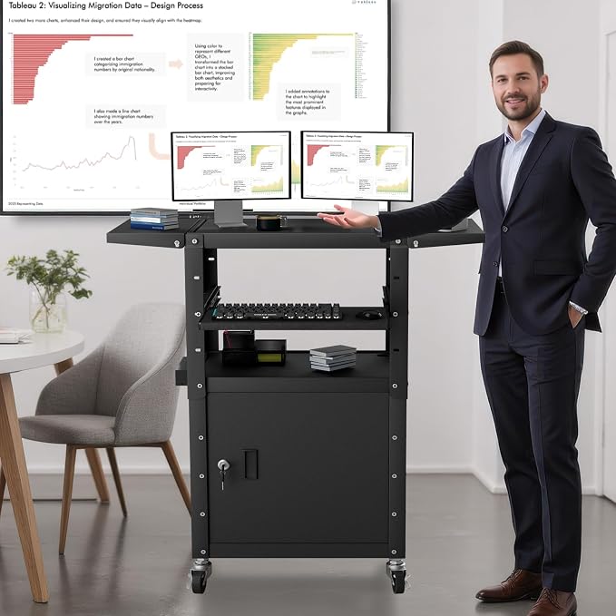 Mobile AV Cart with Pullout Keyboard Tray, Rolling Computer Cart Height - Image 6