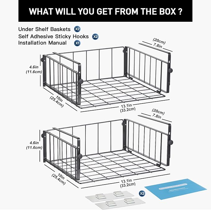 2 Pack Hanging Under Shelf Storage Basket, Adjustable Under Cabinet Add-on - Image 6