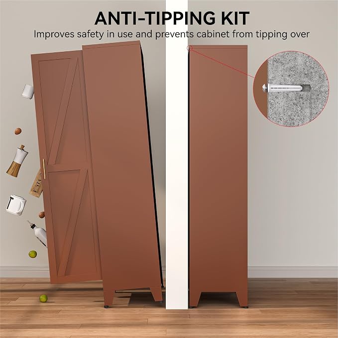 COFaR 71" Metal Pantry Cabinet in Brown, 5-Tier Storage - Image 7