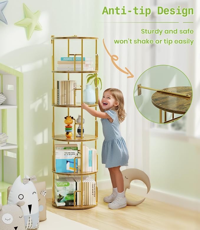 5 Tier Round Rotating Bookshelf Tower Gold, 62” Tall Space Saving Spinning - Image 6