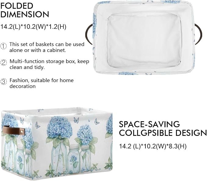 Blue Hydrangea and Butterflies Storage Bins Box Foldable Shelf Basket - Image 2