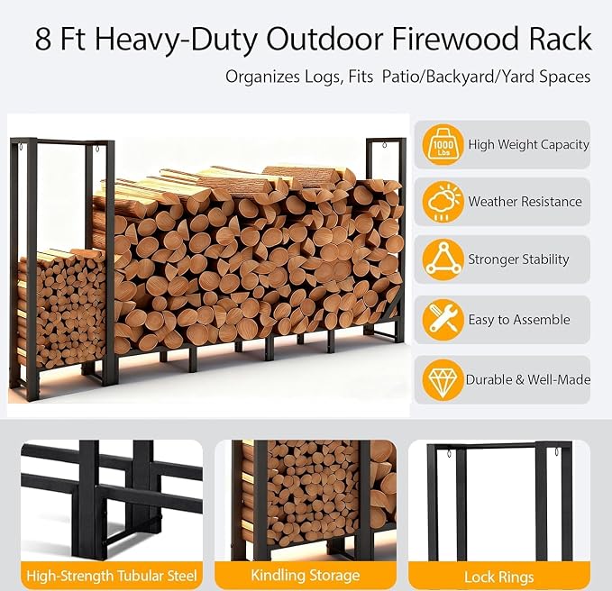 8ft Large Firewood Rack Outdoor, Heavy Duty Metal Wood Rack - Image 5