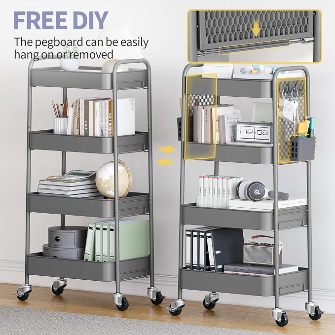 TOOLF 4 Tier Rolling Cart with Pegboard, Metal Storage Organizer Cart with - Image 2