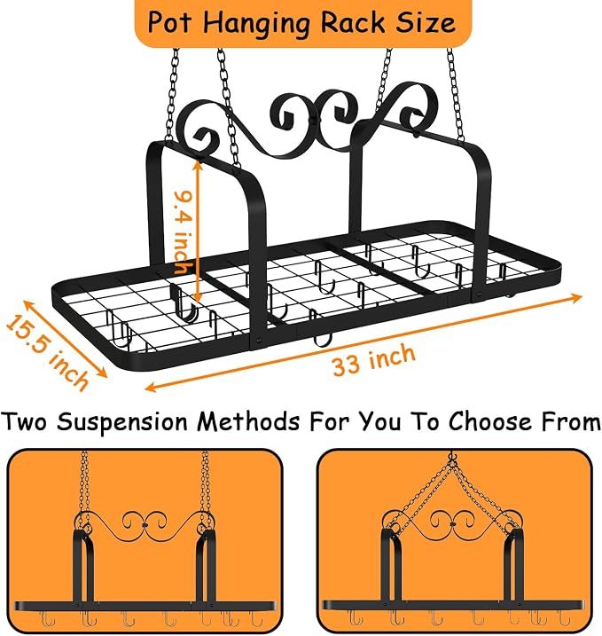 33” Black Pot Rack Hanging, Heavy Duty Metal Ceiling Pot Rack - Image 3