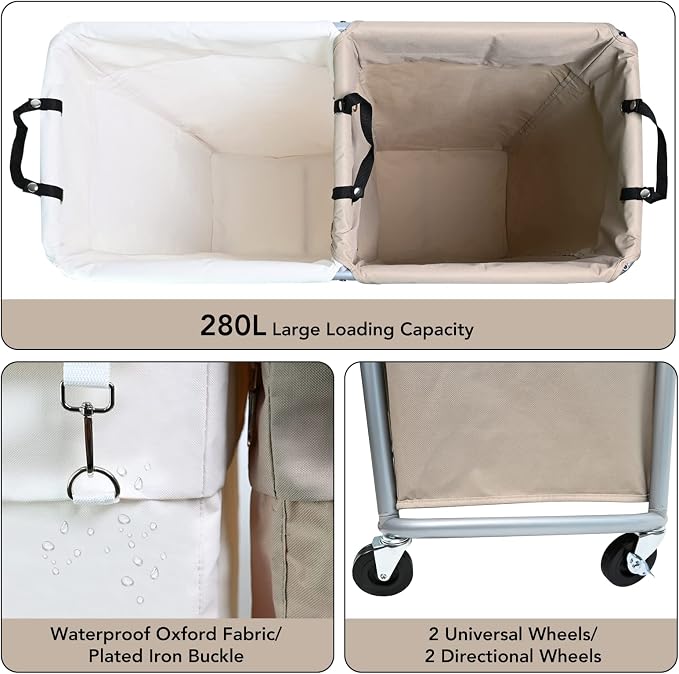 280L Laundry Cart with Wheels, Commercial Large Rolling Laundry Sorter - Image 5