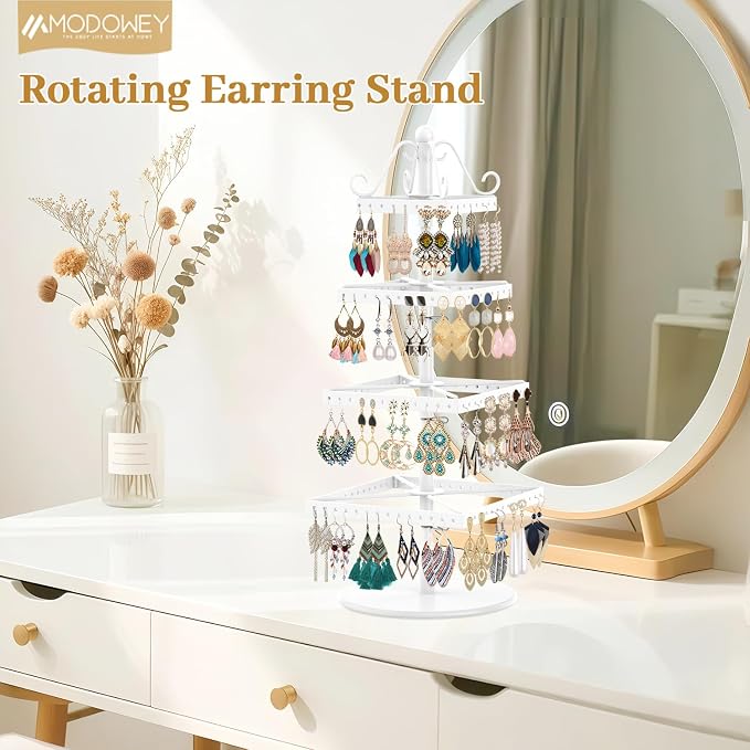 MODOWEY Rotating Earring Holder Organizer Stand, 4 Tier Adjustable Metal - Image 2