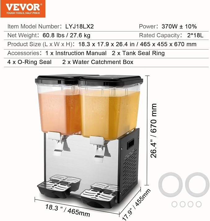 VEVOR Commercial Beverage Dispenser, 2 Tanks 18 L / 19 QT Per Tank Juice - Image 7