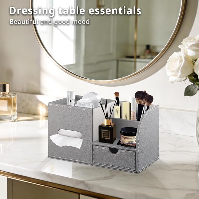 YAPISHI Tissue Box Cover with Storage Tray and Drawer, PU Leather Square Tissue - Image 6