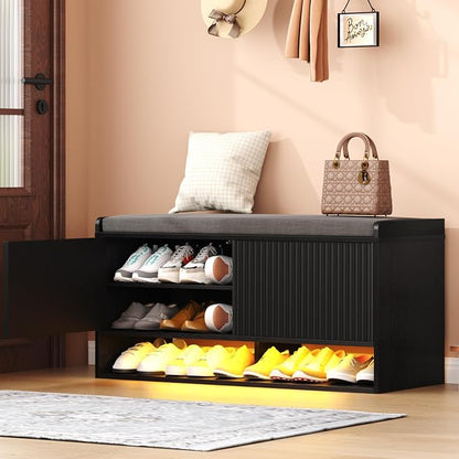 HOMEFORT 39.4" Fluted Shoe Storage Bench, Entryway Bench by HOMEFORT