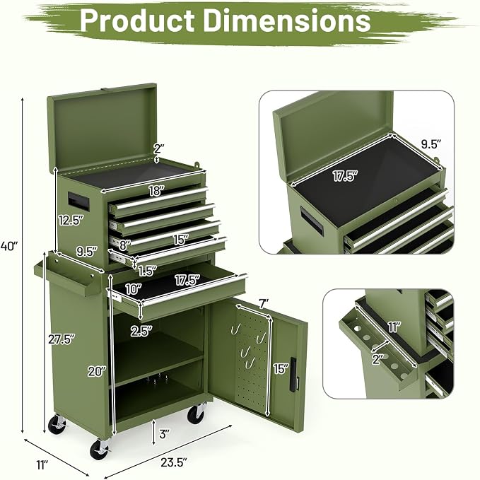 Goplus Tool Chest, 5 Drawers Rolling Tool Cabinet - Image 3