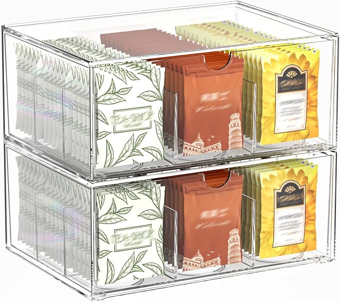 2 Pack Clear Tea Bag Organizer, Stackable Drawer Organizer by Jywantful
