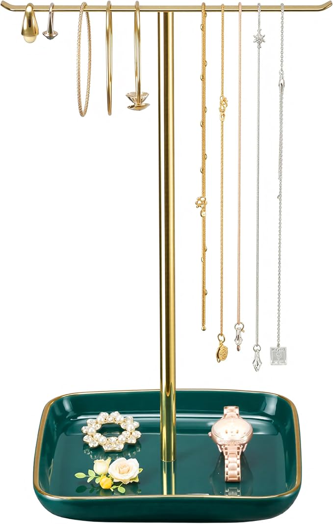 Jewelry Holder Stand with Ceramic Base: 12" Tall Necklace Organizer Rack by Josmimic
