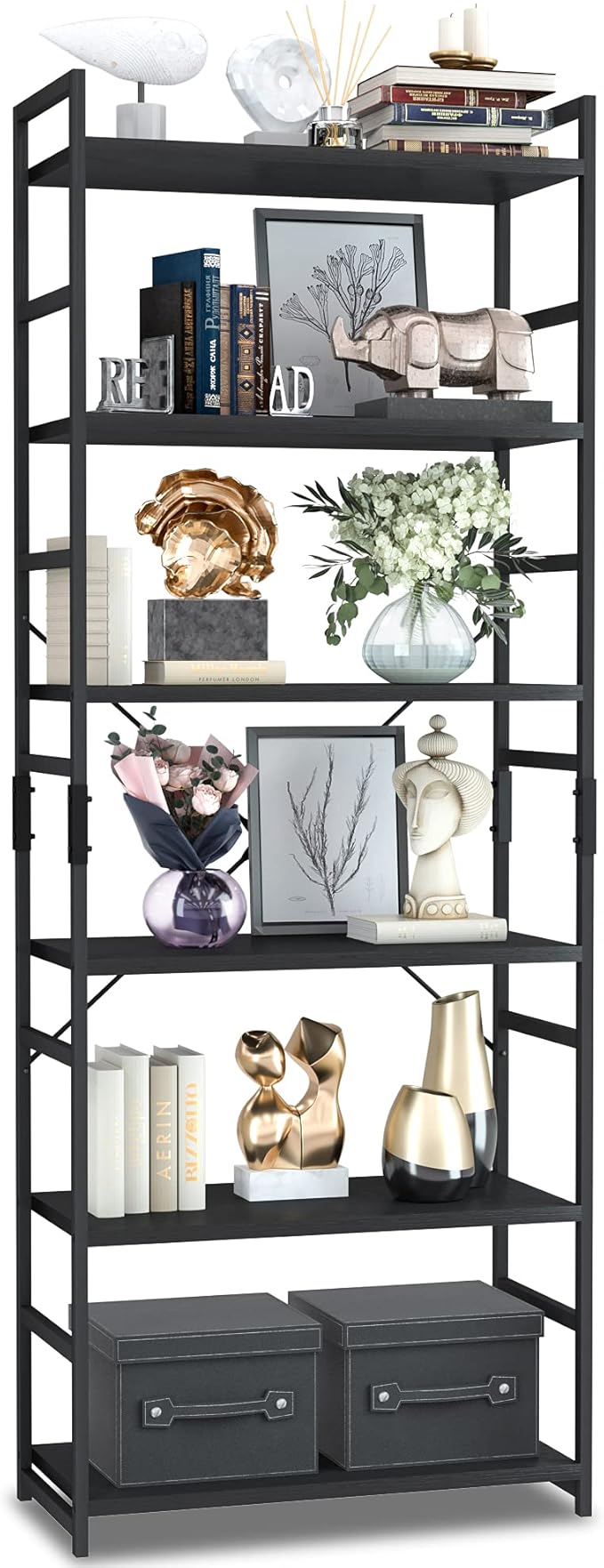 NUMENN 6 Tier Bookshelf, Tall Freestanding Open Storage Bookcase, Support Bars by NUMENN